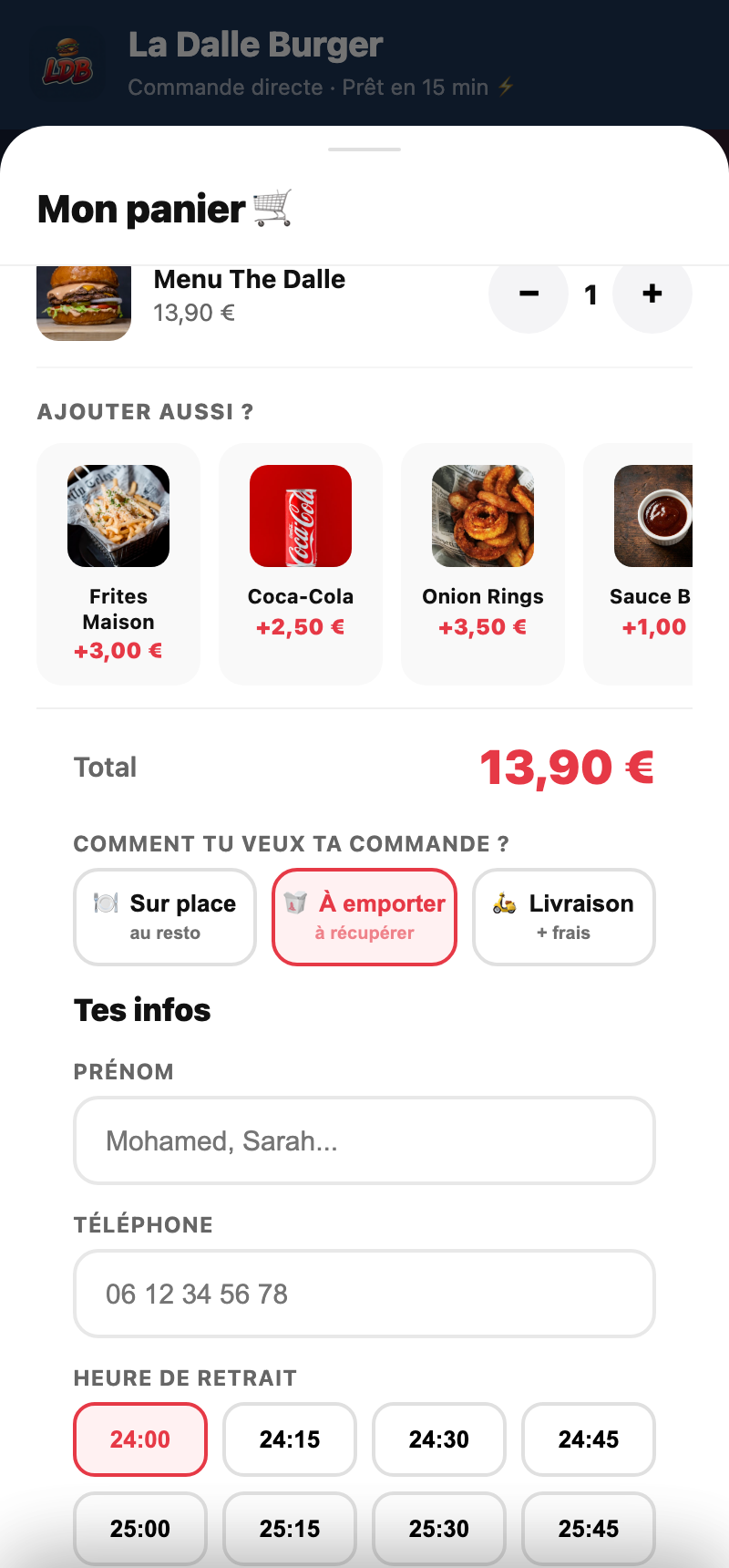 Choix du mode : sur place, à emporter, livraison